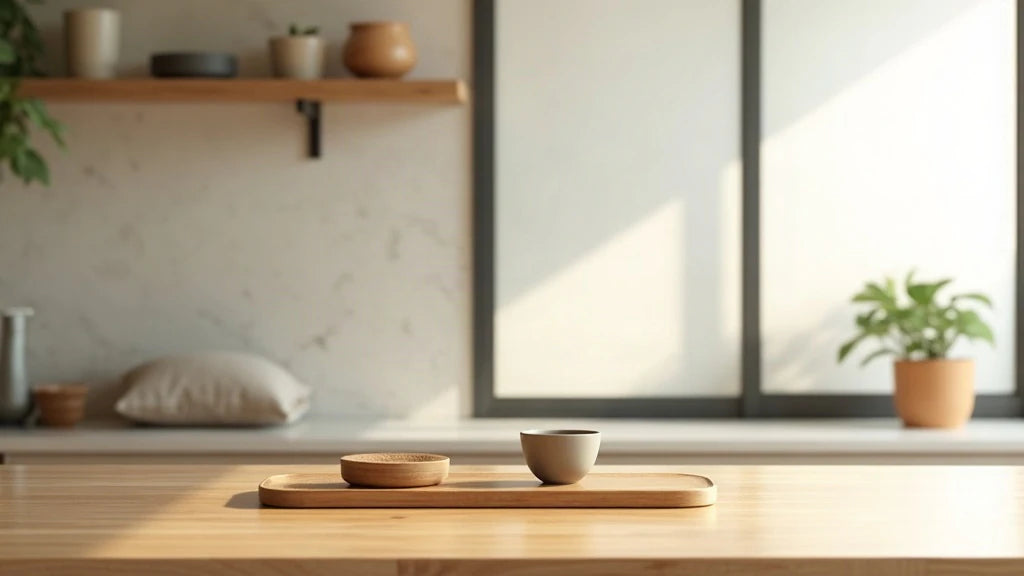 Minimalist japandi kitchen counter with three ceramic and wooden objects, natural light, sparse composition.