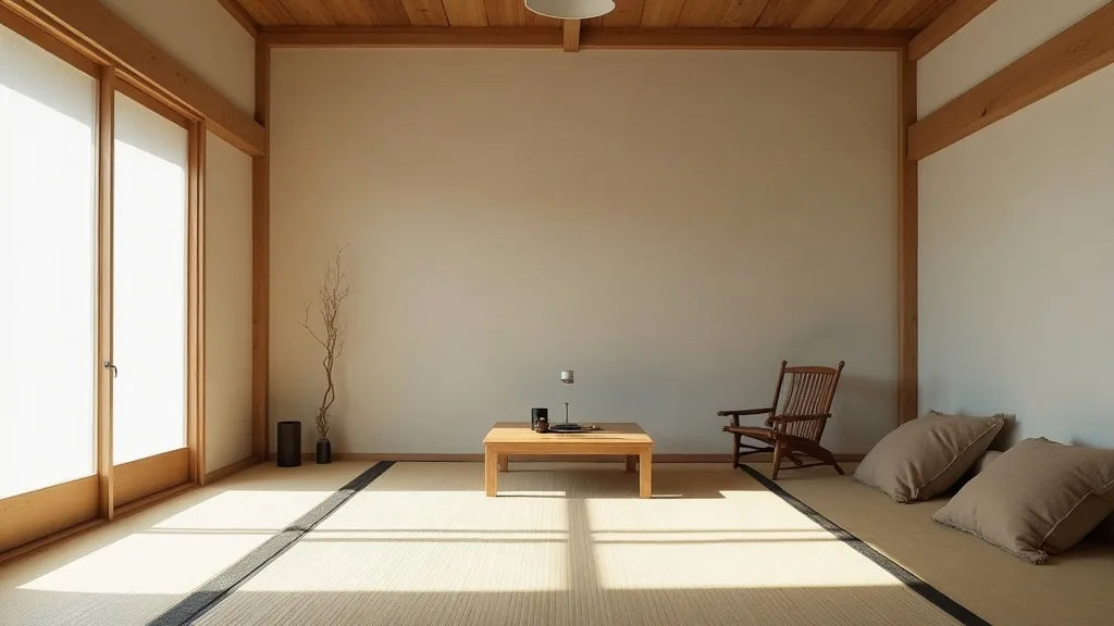 Minimalist interior with natural light, honest materials, and abundant empty space
