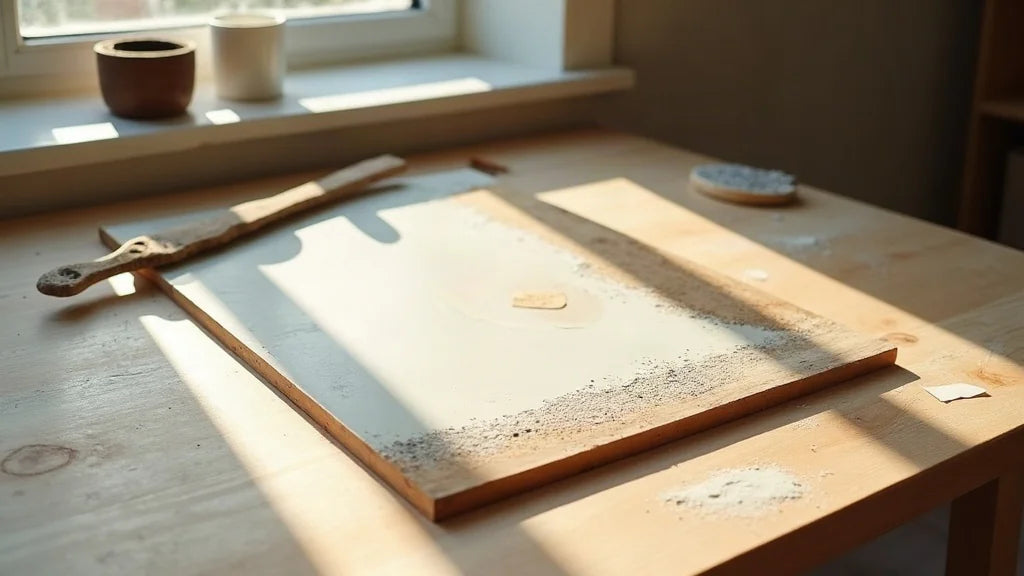 Kitchen table with morning light, textured panel in progress, simple tools scattered nearby.