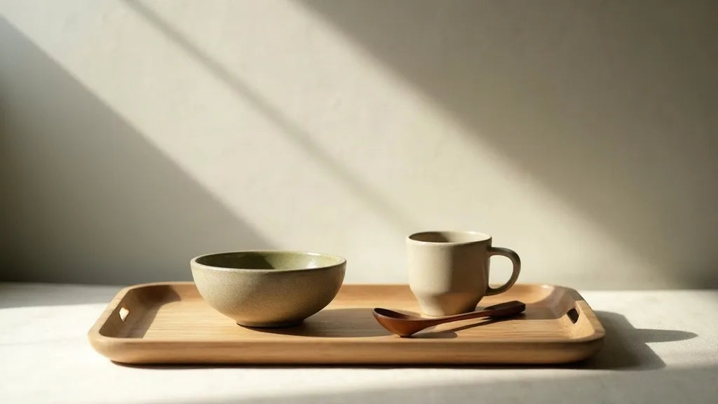 Matcha set artfully arranged on japandi tray with morning light