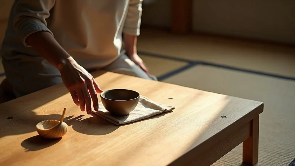 Sunlit tatami room with minimal tea utensils, person in meditative pause, natural morning light