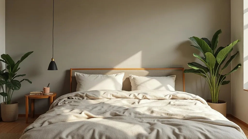 Bedroom with wabi-sabi color palette, natural materials and soft lighting