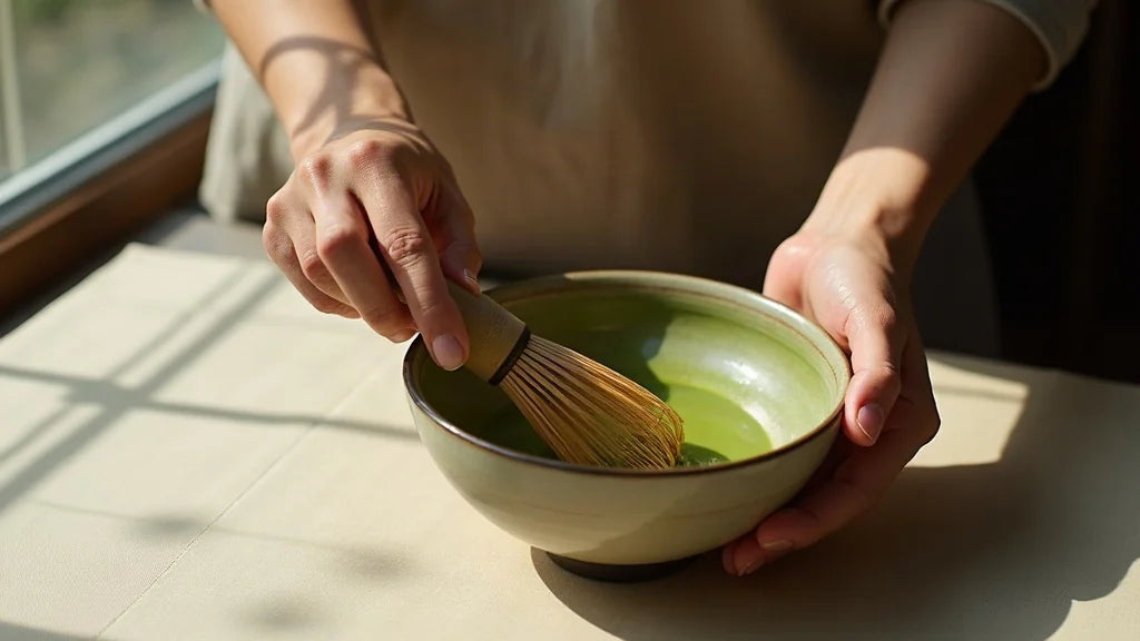 Hands whisking matcha in a shallow ceramic tea bowl, natural light