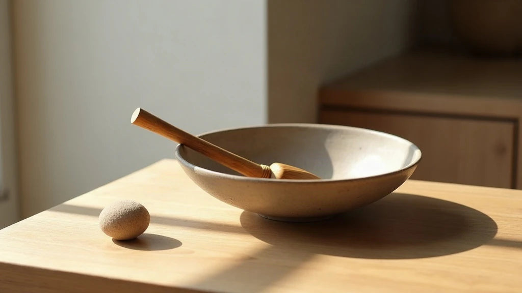 A ceramic tea bowl with thick walls and a wooden whisk inside, bathed in natural light on a wooden table.