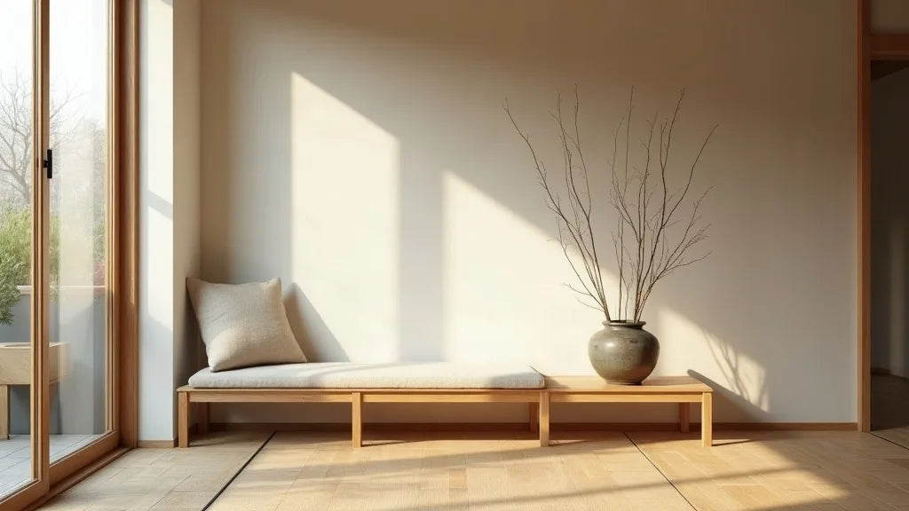 Wabi-sabi interior design with natural light, imperfect ceramics, and minimal furnishings