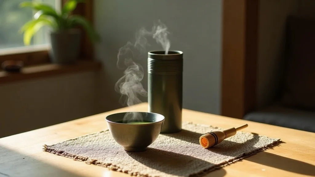Yunomi and chawan tea cups arranged on wooden table with matcha whisking tools in soft daylight