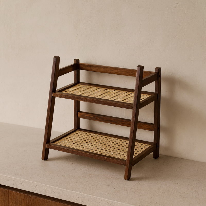 Wooden 2 tier shelf organizer with woven shelves against a beige wall