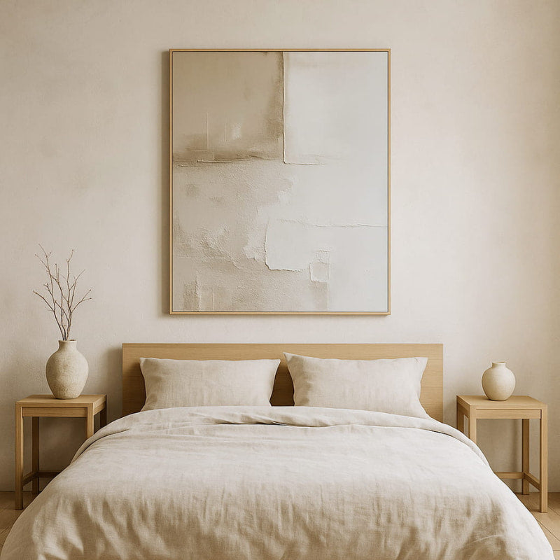 Beige Wabi Sabi Wall Art and side tables in a bedroom setting.