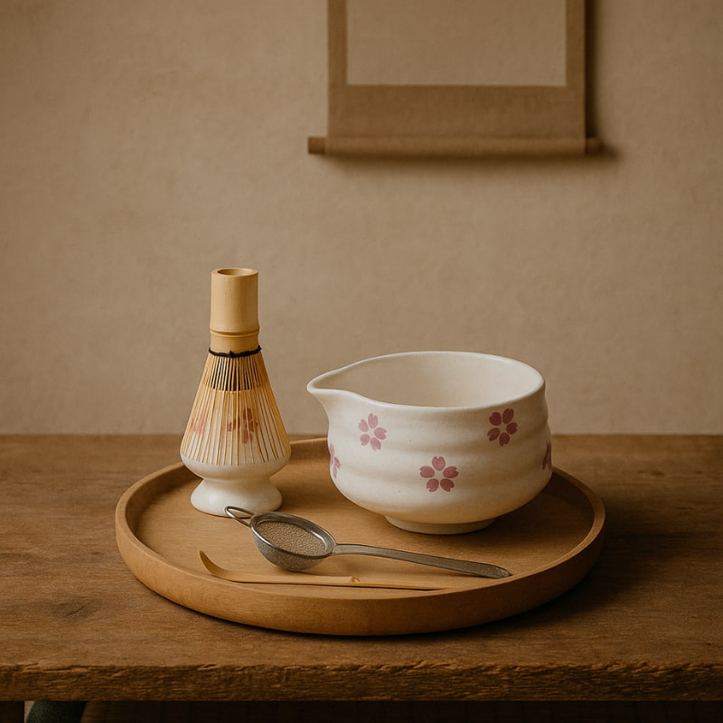 Ceramic Cherry Blossom Matcha with floral design on a wooden tray with a whisk and scoop, against a beige wall.
