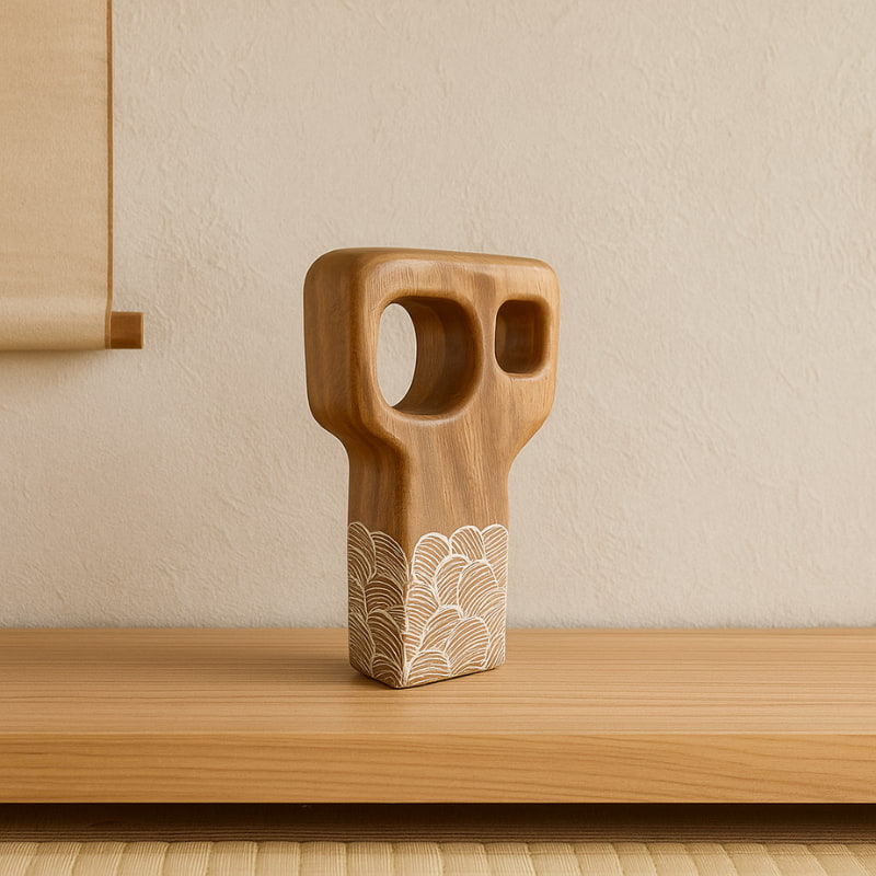 Wooden Hand Painted Artwork with wave design on a wooden surface and beige wall background