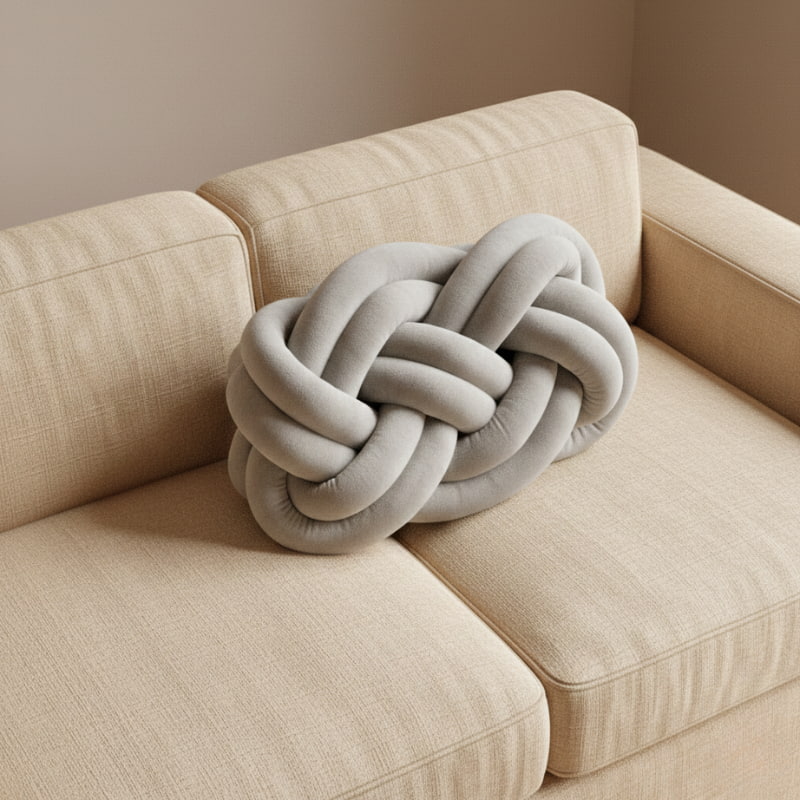 Gray knit pillow on a white couch