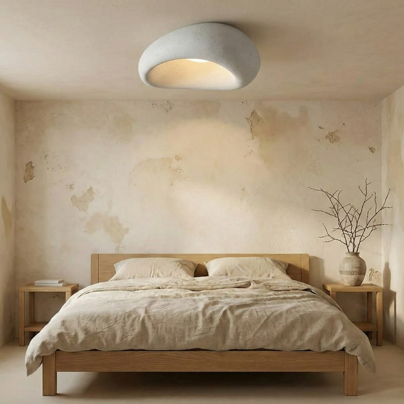 Bedroom with wooden bed, nightstands, and a ceiling Nordic Modern Minimalist Lamp.