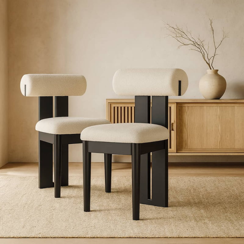 Two Wabi Sabi Dining Chair with black frames and white cushions in a room with a wooden cabinet and vase.