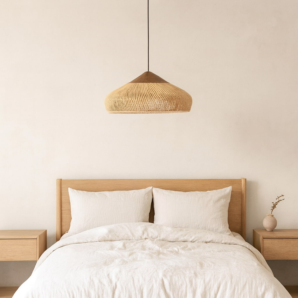 Bedroom with wooden headboard, white bedding, and wabi sabi light pendant.