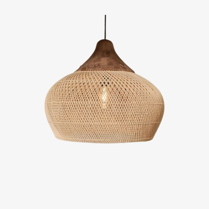 Wabi sabi wicker pendant light ceiling with wooden top on a white background