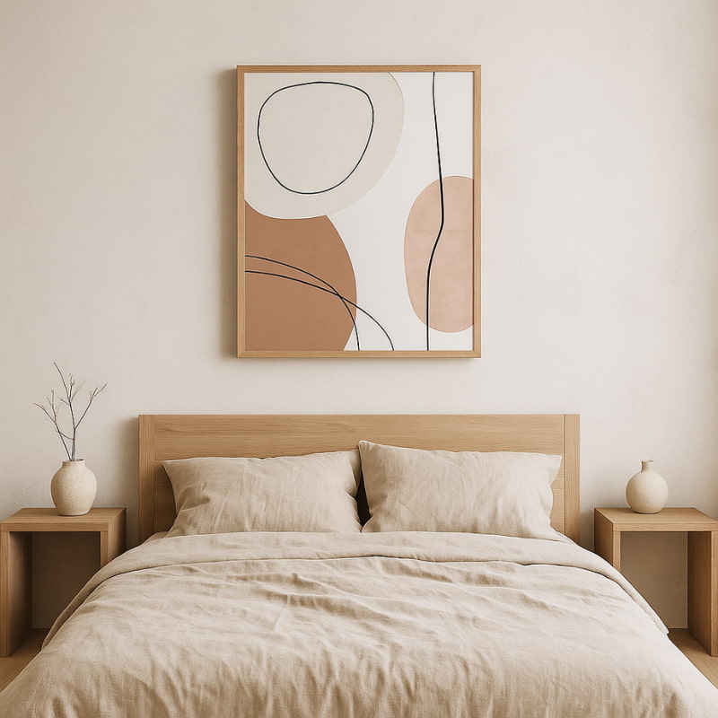 Bedroom with abstract lines poster over a bed and side tables with vases.