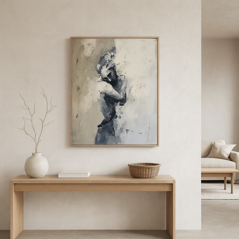 abstract painting home decor above a wooden console in a wabi sabi style living room.