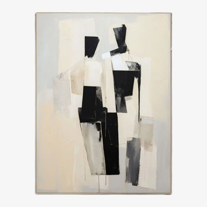 aesthetic minimalist painting with black, white, and gray shapes on a beige background