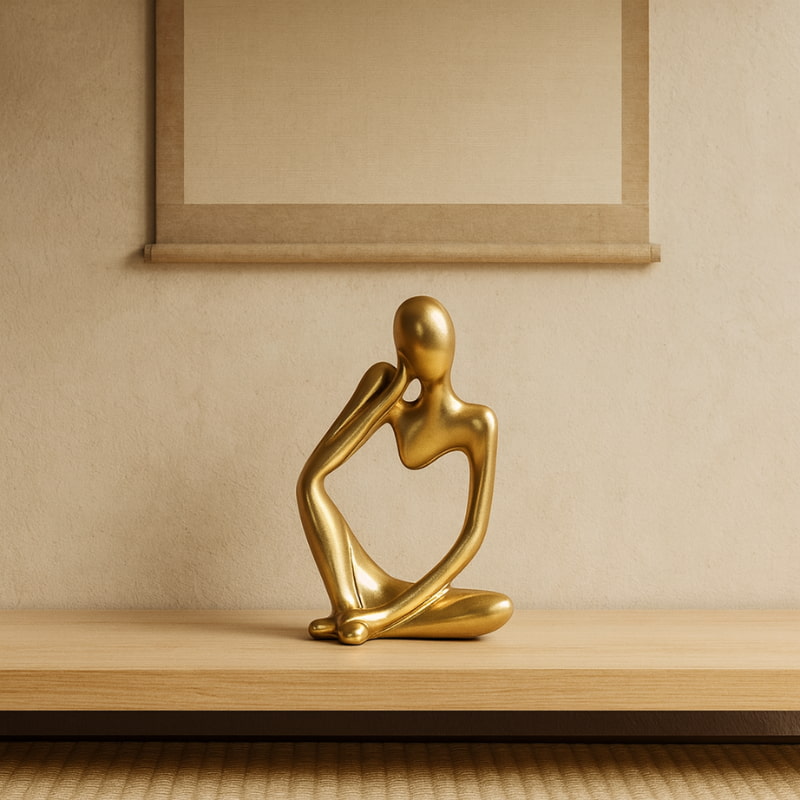 Gold abstract art deco sculpture on a wooden surface with a beige wall in the background