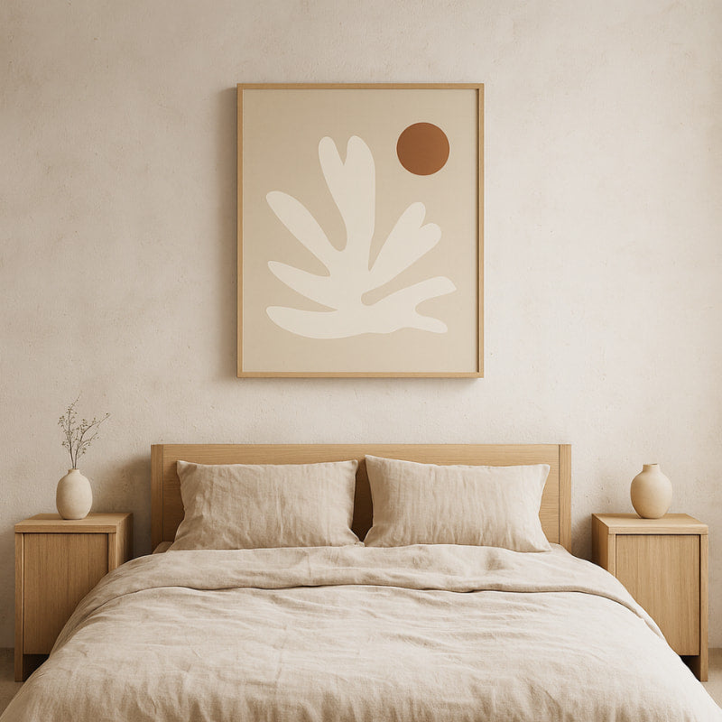 Bedroom with wooden bed, nightstands, and asian zen wall art