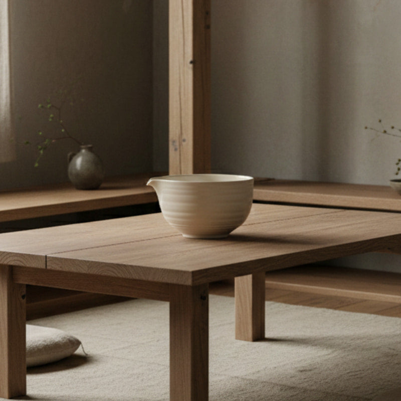 Wooden table with a authentic japanese matcha bowl on a neutral background