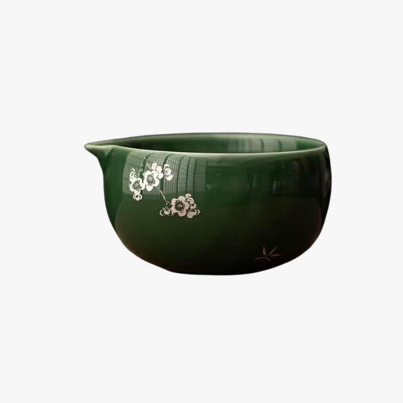 authentic japanese matcha bowls with floral design on a white background