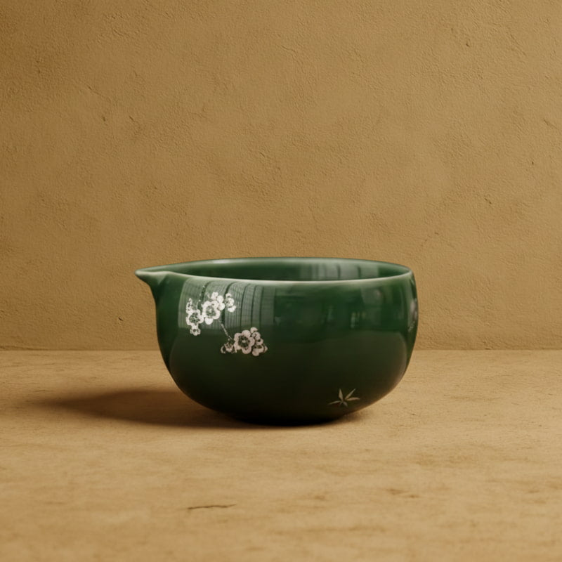 authentic matcha bowl with floral design on a beige background
