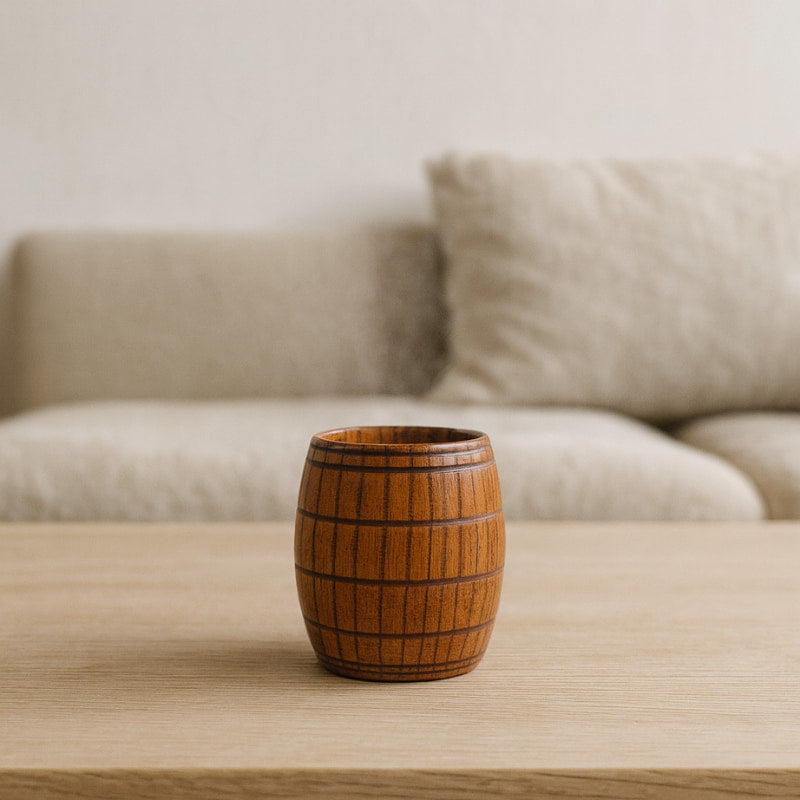big cup coffee on a beige table in a living room.