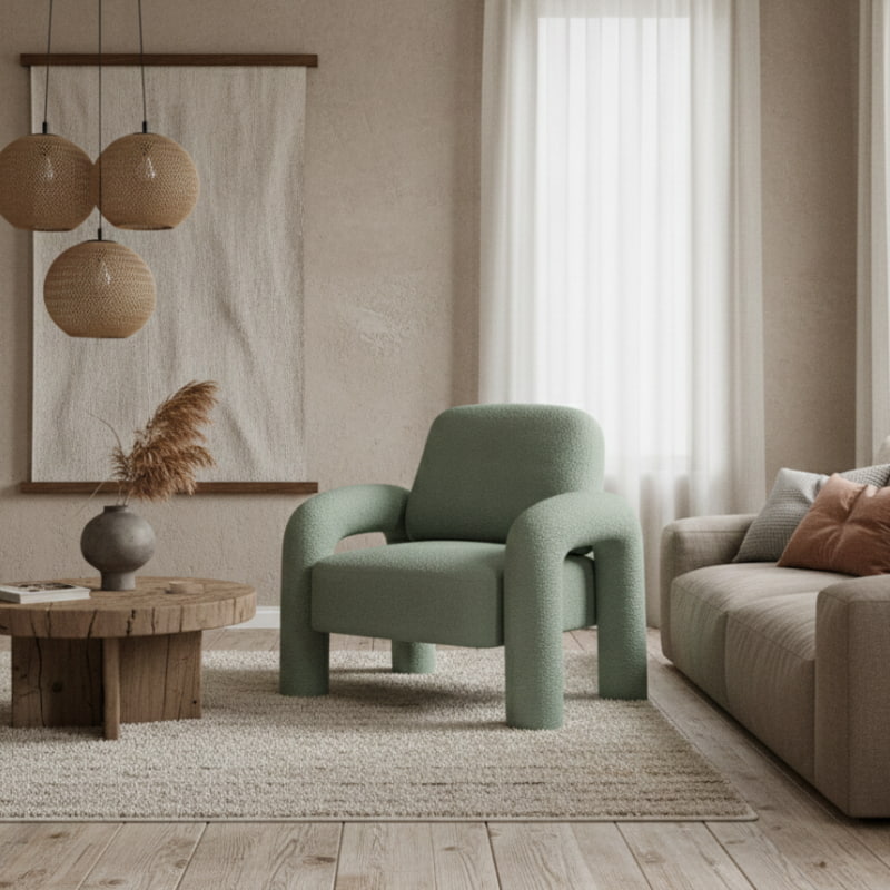 Modern living room with a big fluffy green chair, wooden coffee table, and beige sofa.