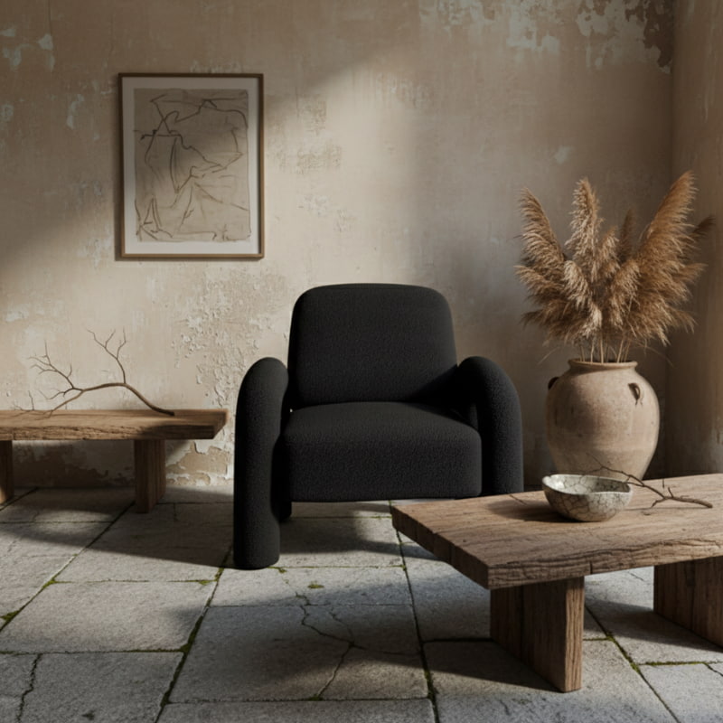 big fluffy office chair with stone floor and textured walls, featuring a wooden table and decorative elements.