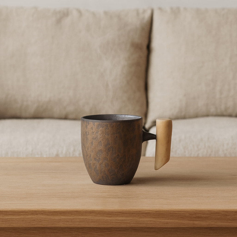black ceramic tea cup with wooden handle on a wooden surface with a beige sofa in the background