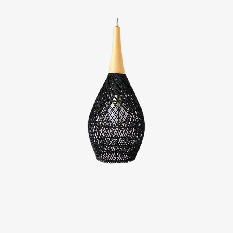 Black wicker pendant light wood with a wooden top on a white background