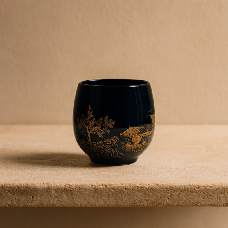 blue tea cup with gold floral design on a beige surface