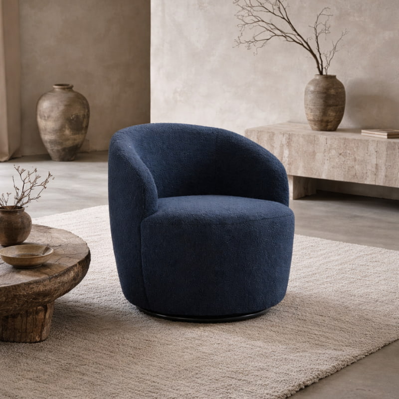 Blue boucle chair lounge in a room with rustic decor elements