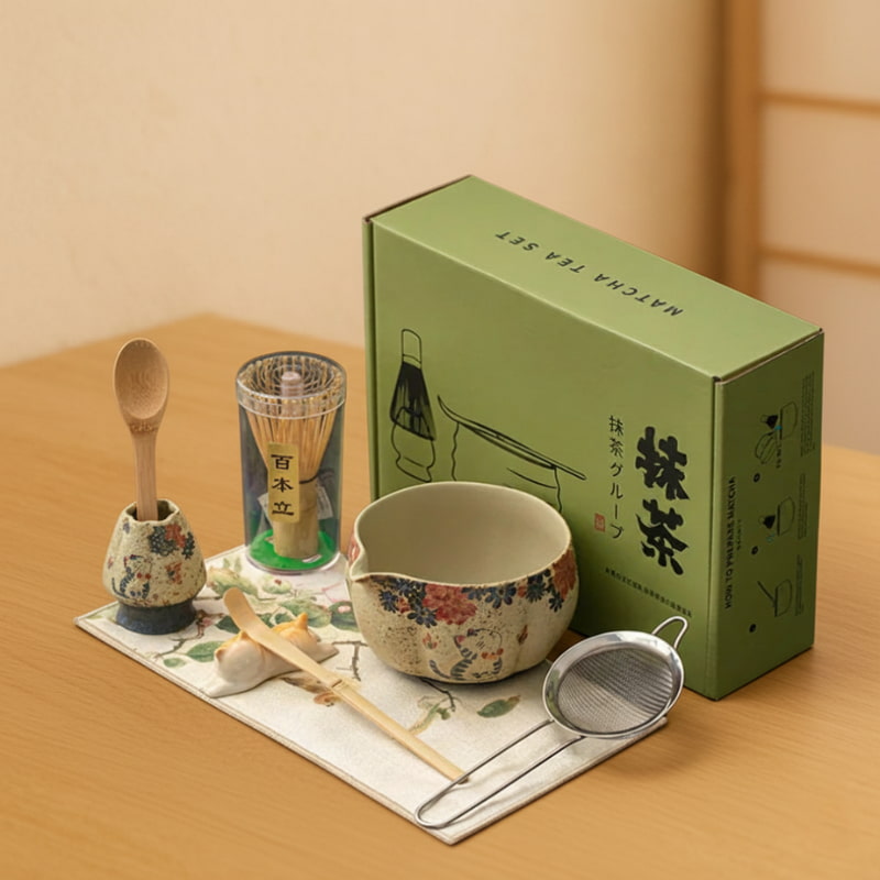 cat matcha bowl tea set with a green box on a stone surface