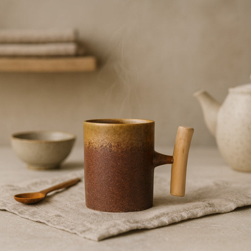 Brown ceramic cup tea with wooden handle on a table with a teapot and bowl in the background.