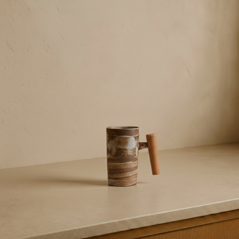 ceramic long mug in a wabi sabi kitchen