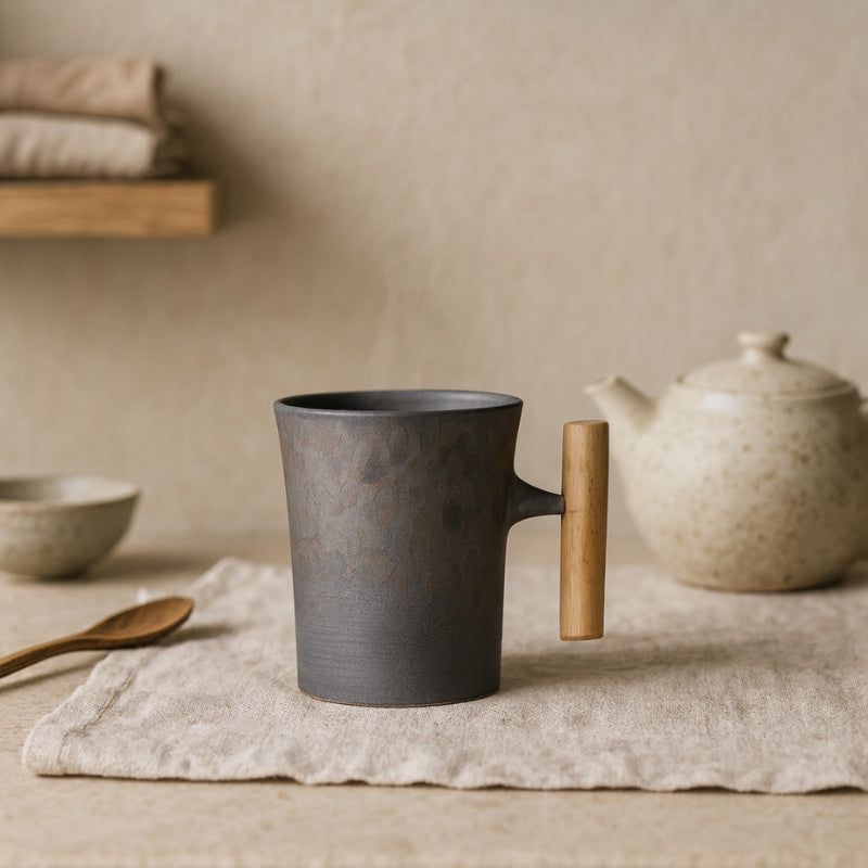 Black ceramic mug tea japanese
with wooden handle and bowl in the background.