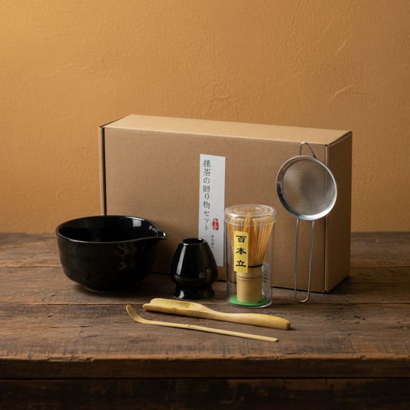 chinese tea making set with a cardboard box on a wooden surface