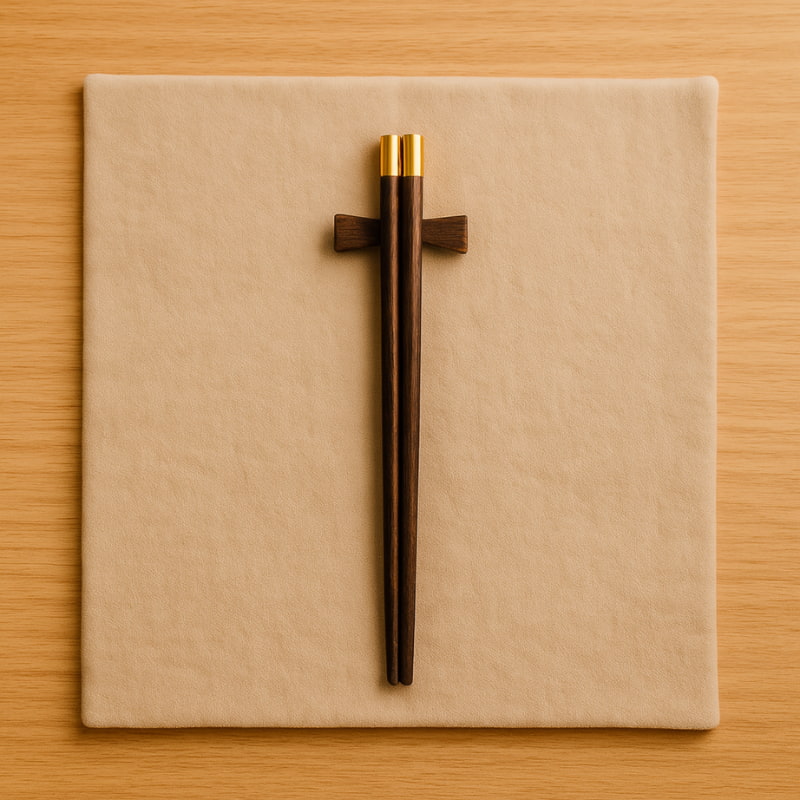 Wooden chopsticks set with gold accents on a beige napkin over a wooden surface