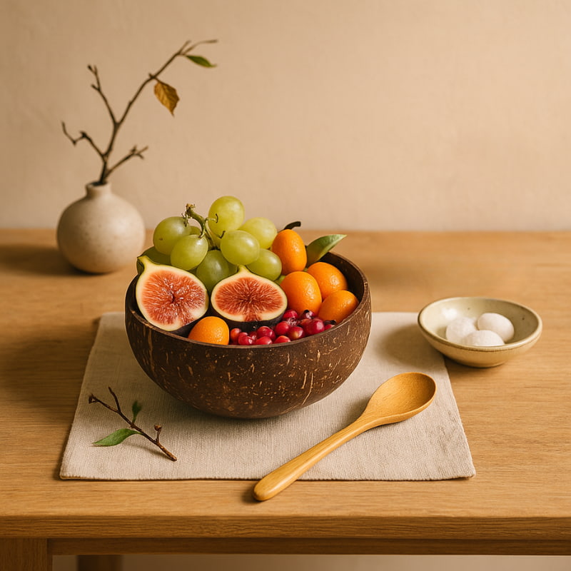 Coconut fruit bowl with figs, grapes, and oranges on a wooden table with a vase and small bowl in the background.