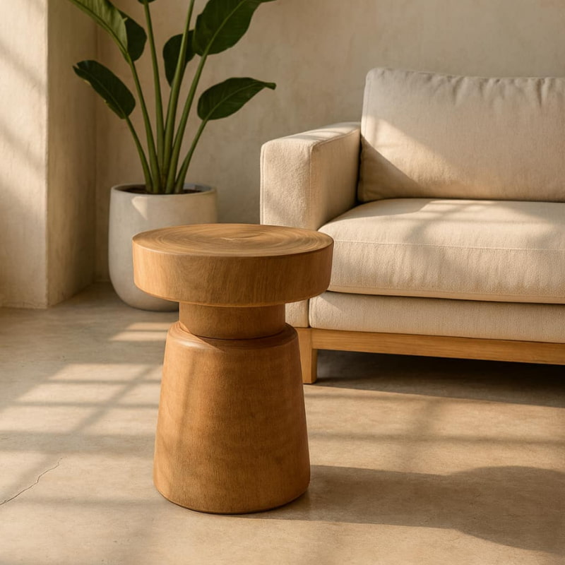 Wooden counter stool modern in a living room with a beige sofa and plant