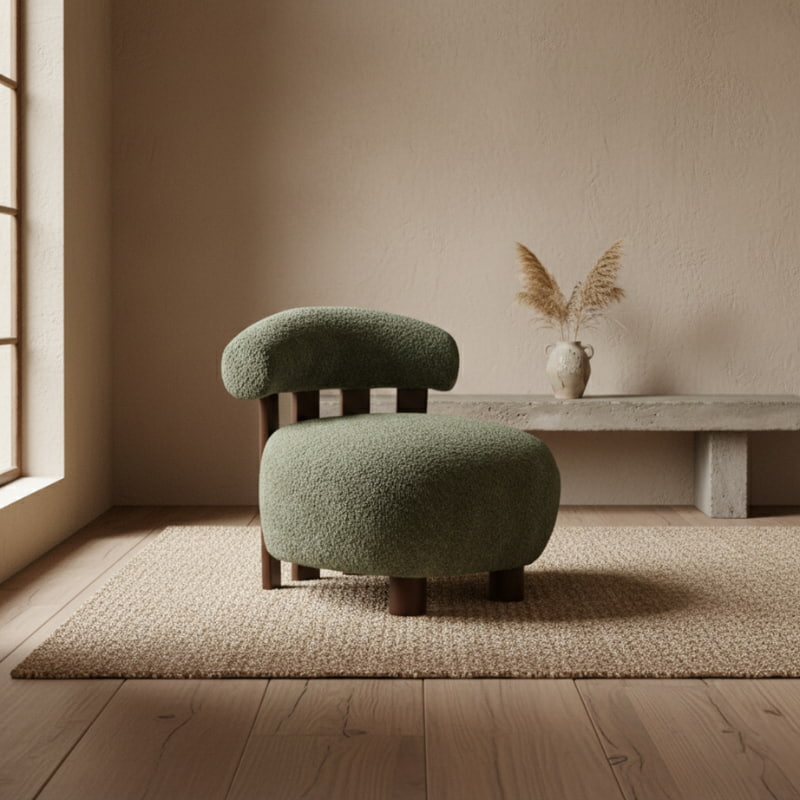 Green cozy accent chair for living room with a window and plant