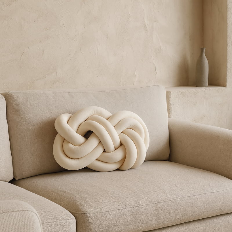 Beige cushion design for sofa on a beige sofa against a neutral wall.