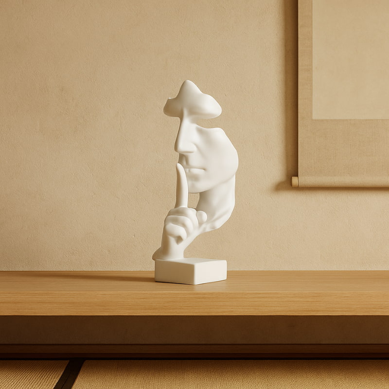 White deco visage abstract sculpture on a wooden shelf against a beige wall