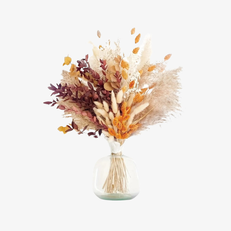 Bouquet of dried pampas in a clear vase on a white background