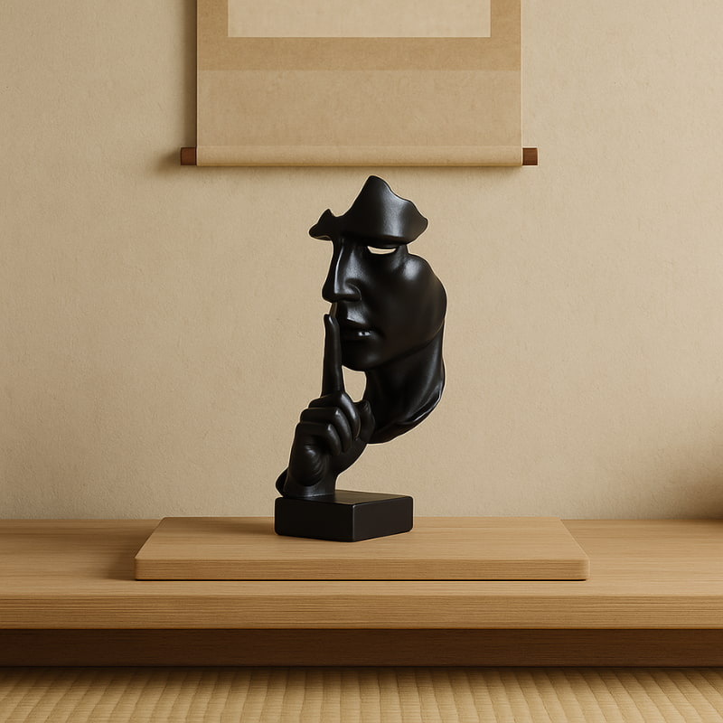 Black face art deco with a hand to their mouth on a wooden platform against a beige wall.