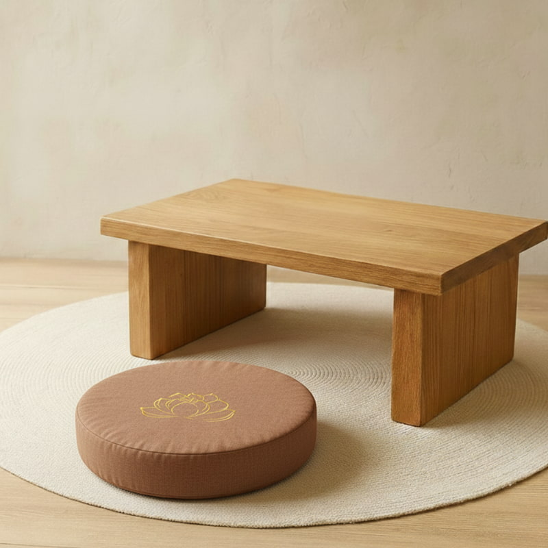 Wooden low table with a round flower cushion on a light wooden floor.