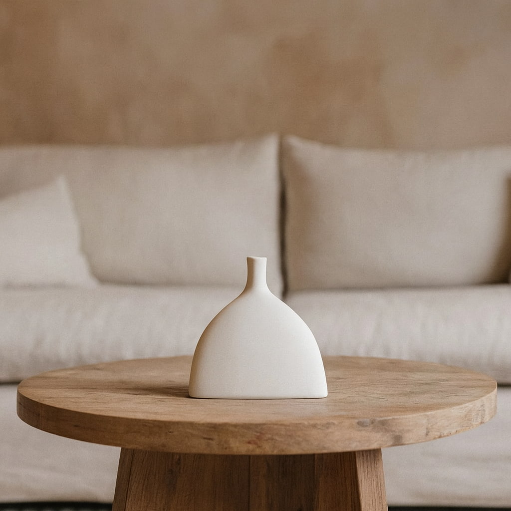 White flower vase aesthetic on a wooden table with a beige sofa in the background