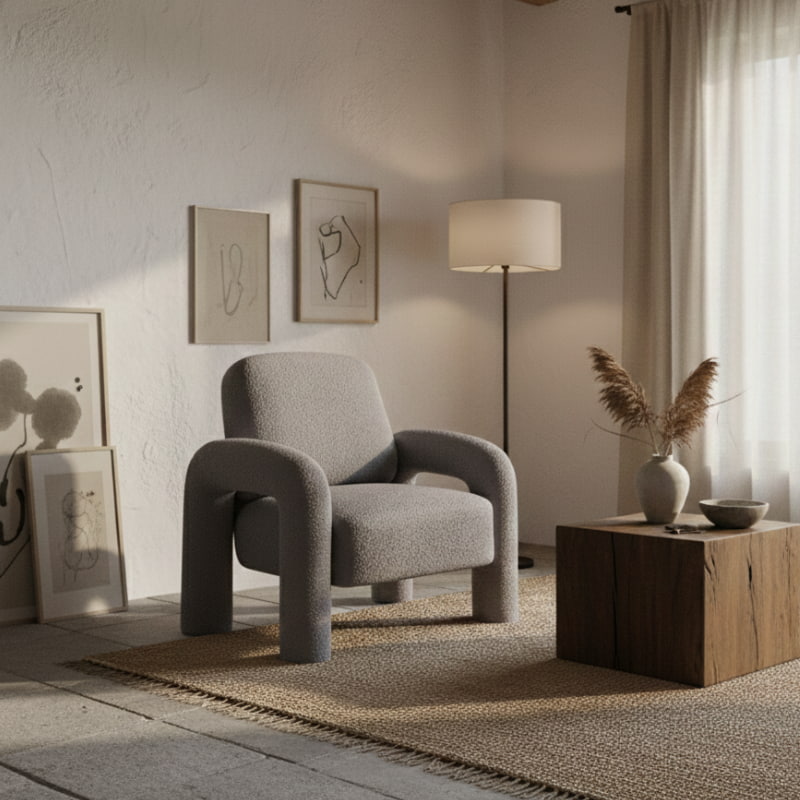 Gray fluffy reading chair in a modern living room with a wooden side table and decorative elements.